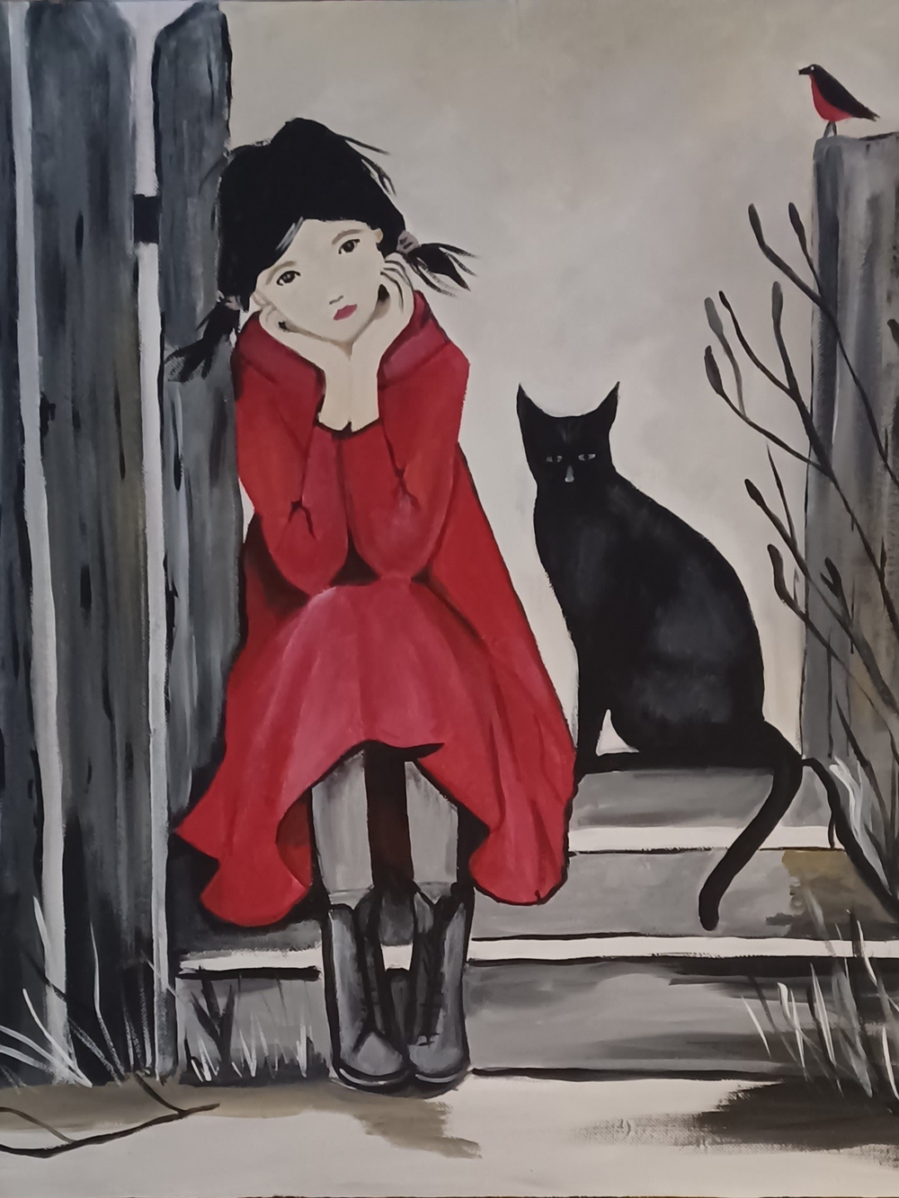 Original Acrylic Girl With Cat Painting